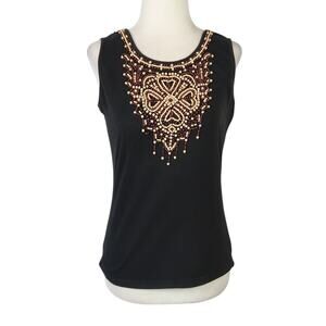 Vintage Y2K Cache Black Tank Top Tan Brown Bead Embellishment L